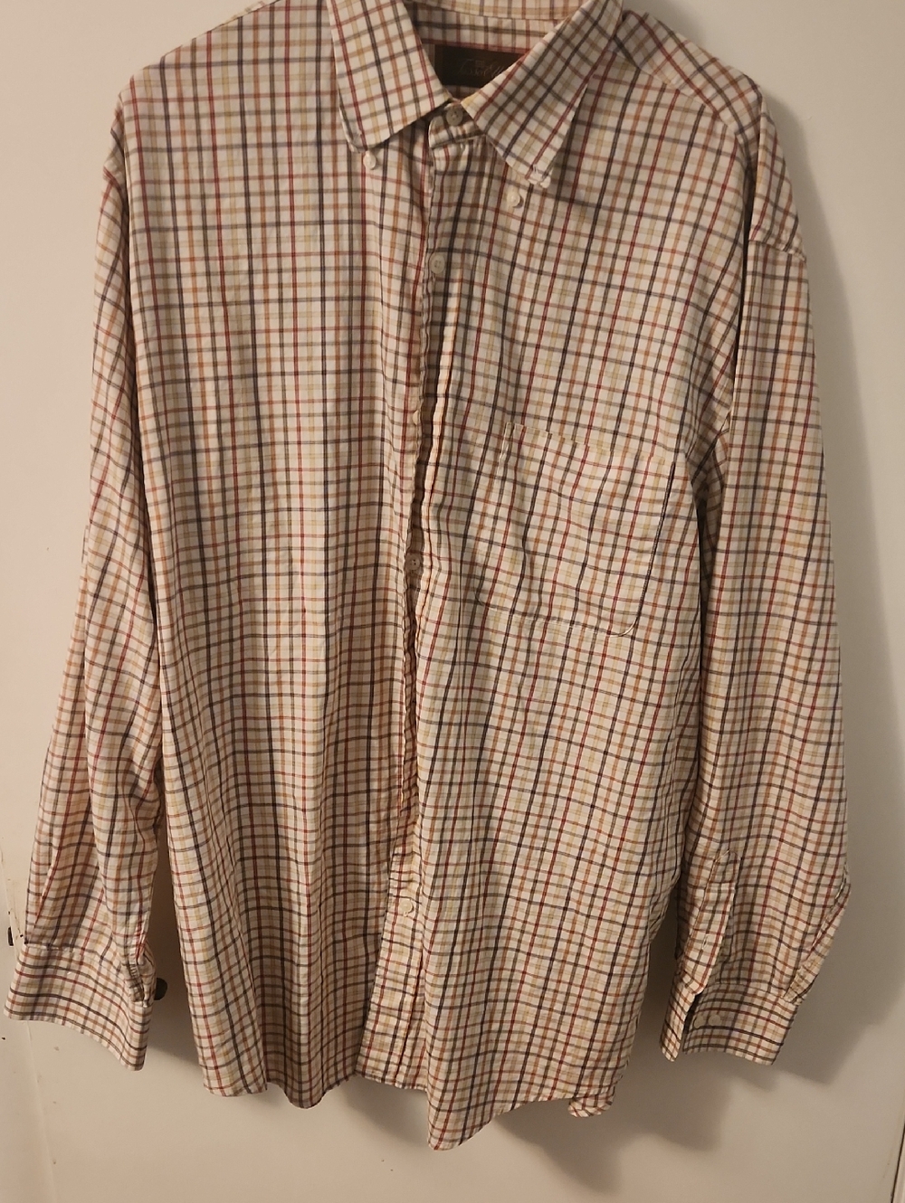 Tasso Elba Beige Plaid Button-Down Shirt with Red and Blue Lines